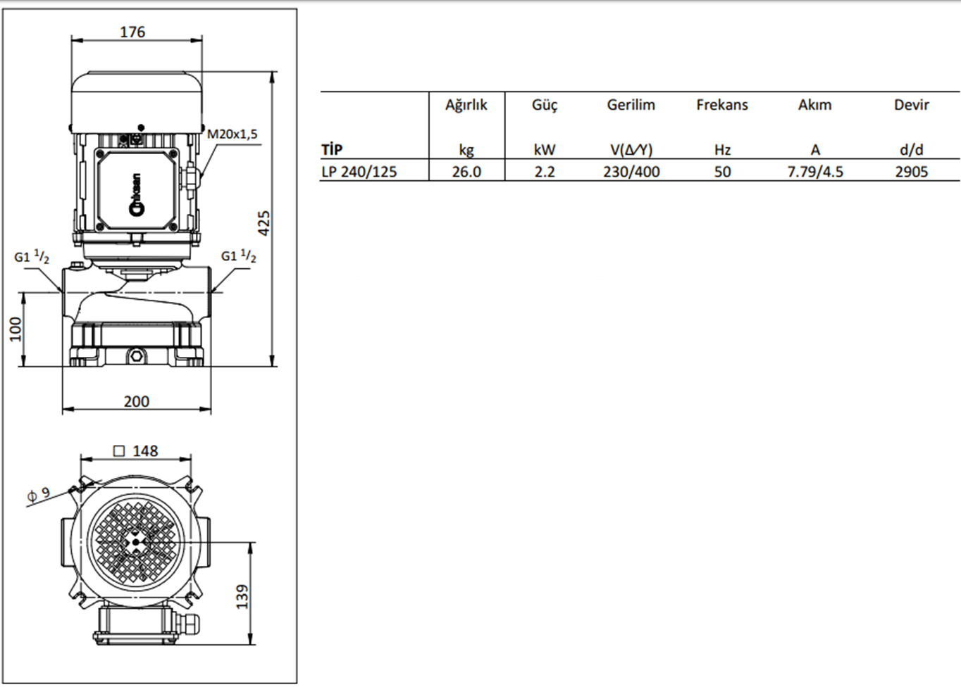 Miksan LP 240/125 2.2 kw 500 L/d 400 volt Trifaze Kendinden Emişli Boryağ Devirdaim Pompası Boyut ve Elektriksel Değerler Tablosu